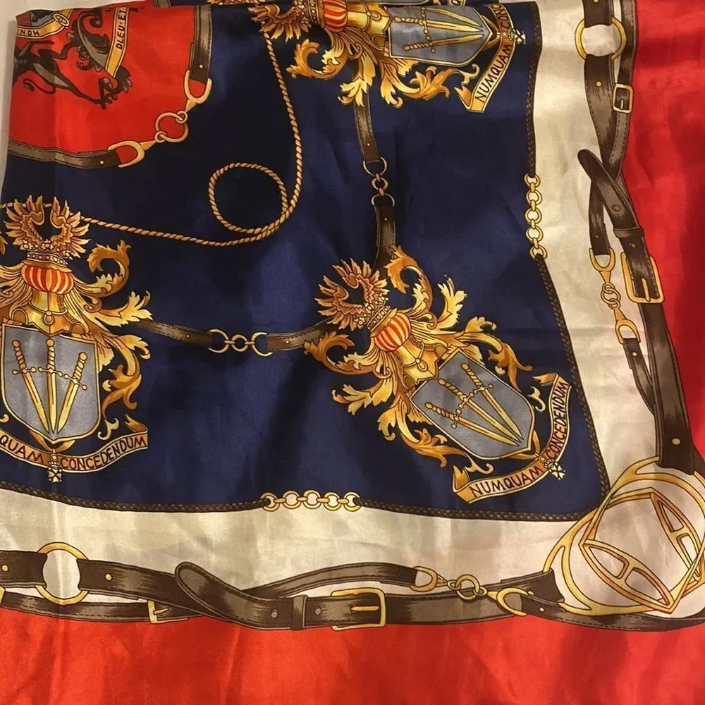 Honi Soit Aly Pense Silk Scarf - 34x34 red , navy gold , British silk scarf